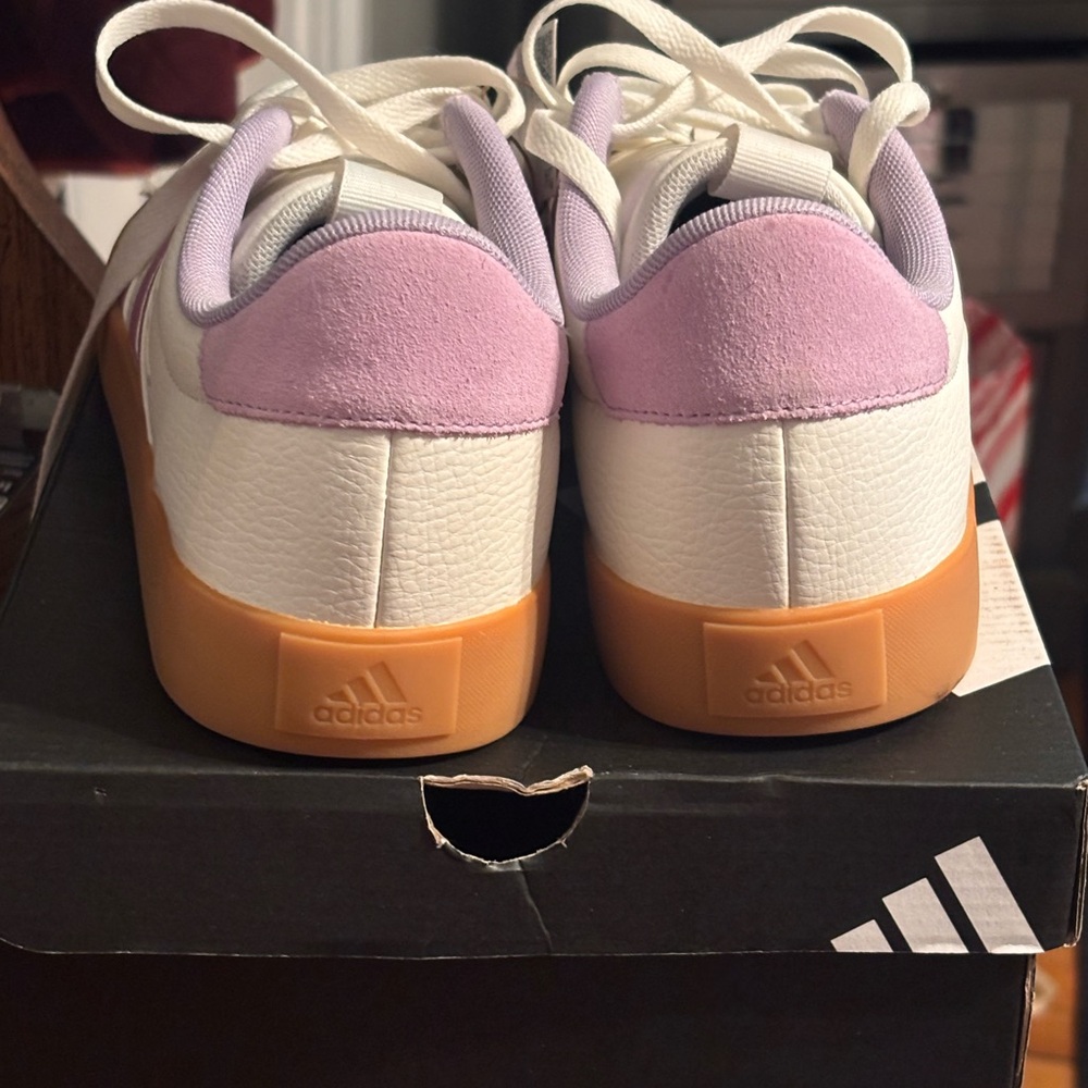 Adidas Cream Sneakers with Purple Stripes - Picture 4 of 9